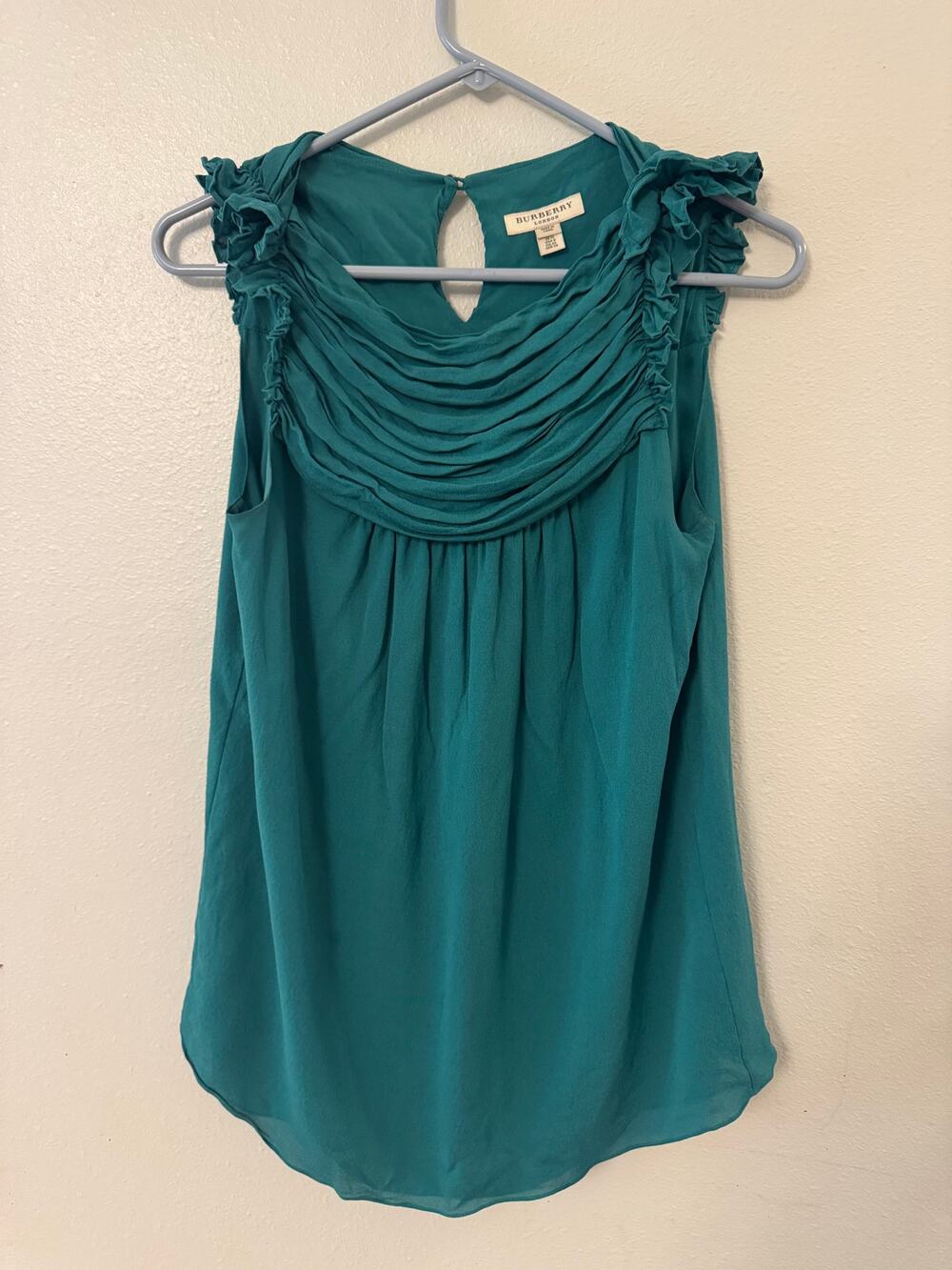 Burberry teal silk ruffle sleeveless blouse women's 8